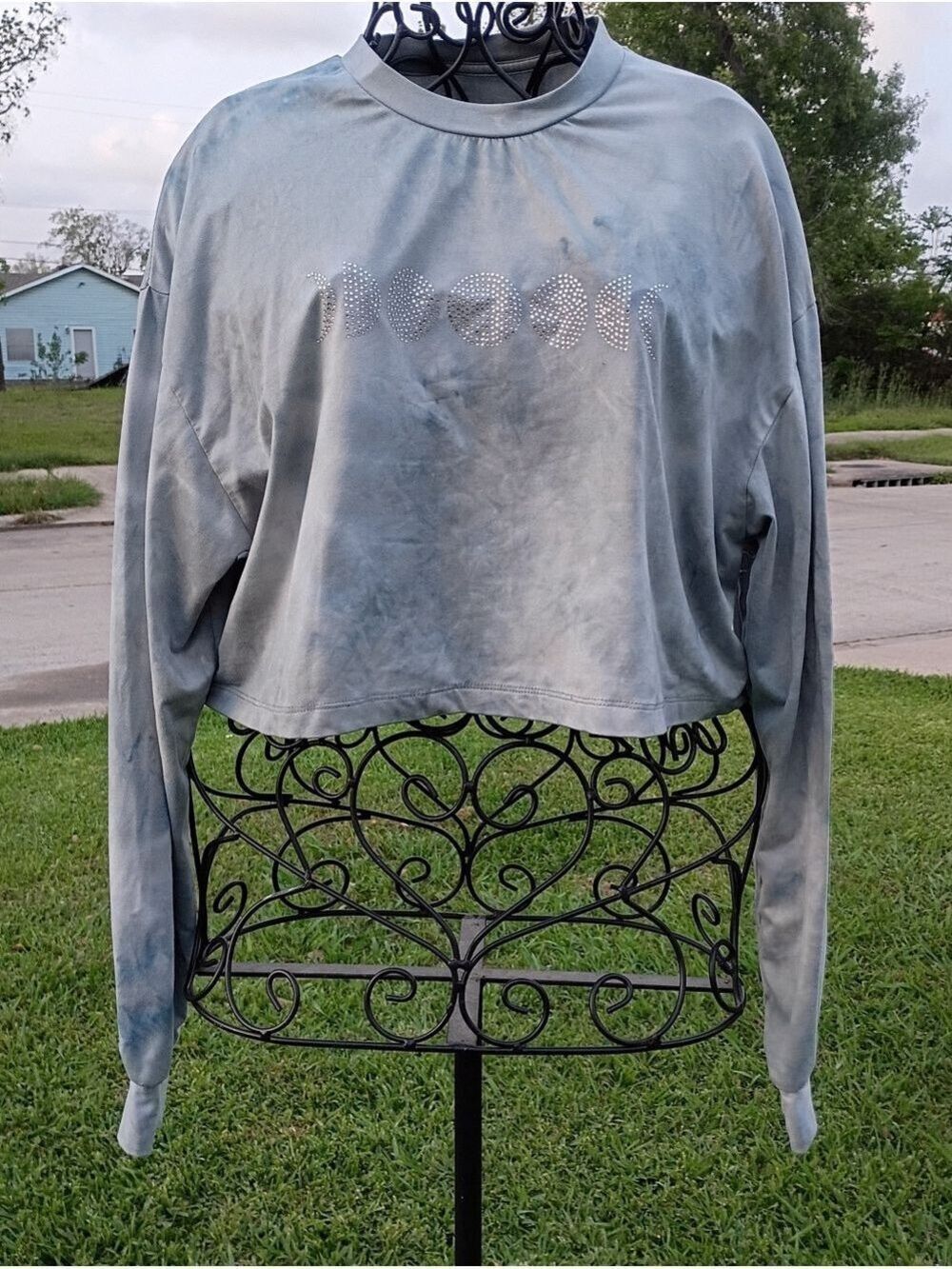 2/$10 Cropped Tie-Dye Sweatshirt with Rhinestone Moon Design - Blue Gray Small
